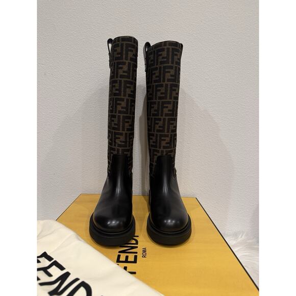 Fendi Filo FF Logo Zucca Monogram Jacquard Rockoko Chenille Knee High Boot - Picture 5 of 16